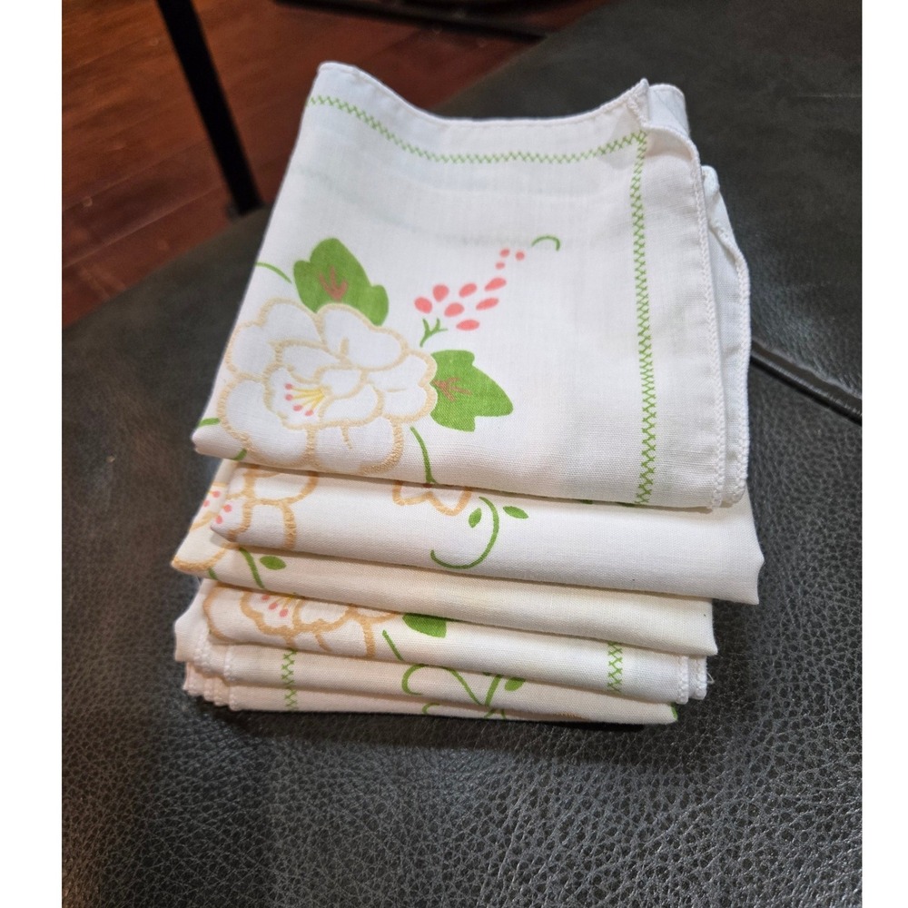 Unbranded Vintage Napkins Set of 6 White Floral‎ Green Scalloped Good 13x13